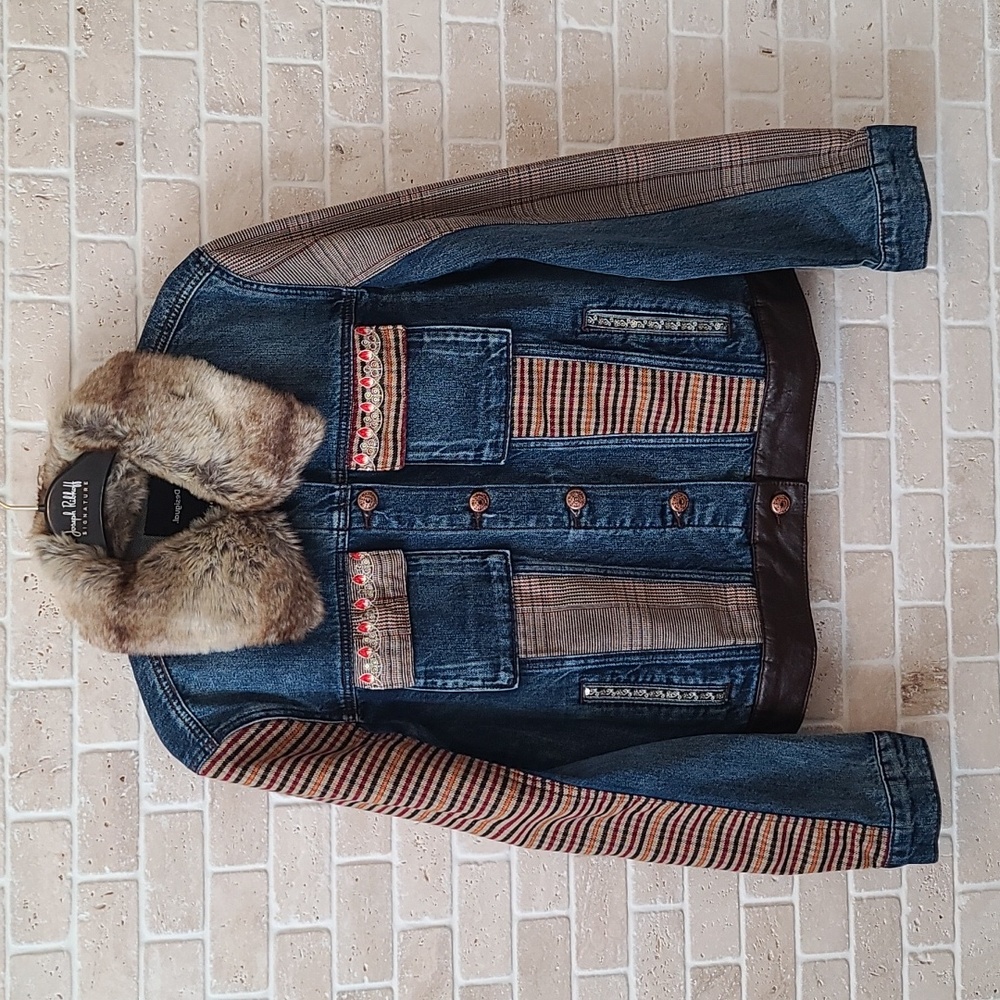Desigual Women's Faux Fur Trim Denim Patchwork Jacket (Sz M)